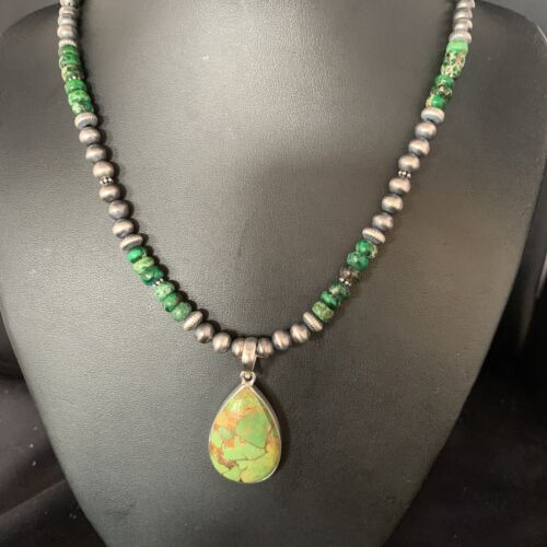 Navajo Green Mojave Turquoise Pendant Necklace | Sterling Silver | Native American Handmade | 13467
