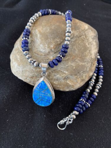 Navajo Pearls Necklace with Lapis, Turquoise, and Blue Opal Pendant | Sterling Silver | 1171