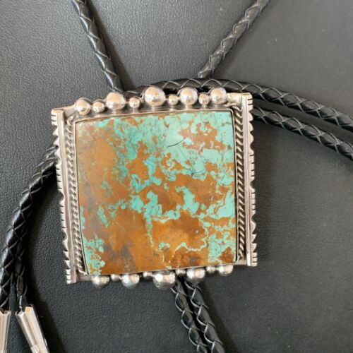 Navajo Green Royston Turquoise Bolo Tie | Sterling Silver | Authentic Native American Handmade | 12883