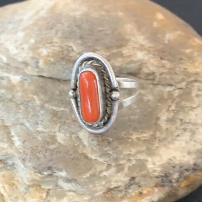 Native American Old Pawn Navajo Red Coral Ring | Sterling Silver | Sz 6 | 10368