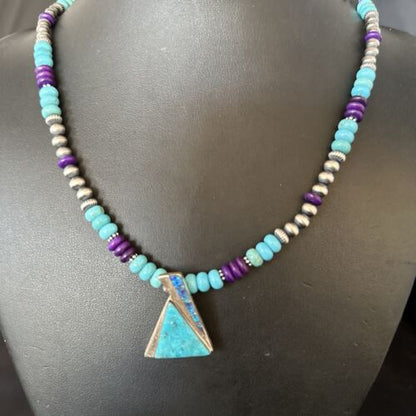 Navajo Blue Turquoise Sugilite Pendant | Sterling Silver Inlay Necklace | Authentic Native American Handmade | 14642