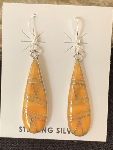 Navajo Orange Spiny Oyster Inlay Earrings | Sterling Silver | 1.5" | Authentic Native American Handmade | 976