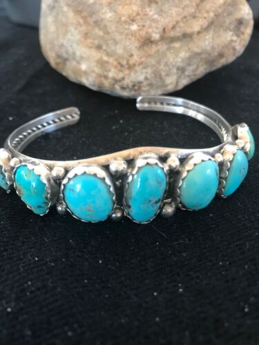 Navajo 7 Stone Turquoise Bracelet by Platero | Sterling Silver | Authentic Native American Handmade | 8309