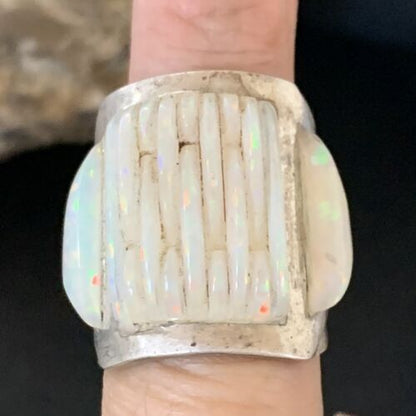 Native American Navajo White Opal Inlay Ring | Sterling Silver | Sz 8 | 12860 - Masha USA