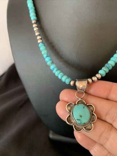 Navajo Blue Turquoise Pendant Necklace | Sterling Silver Pearls | Authentic Native American Handmade | 13217