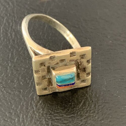 Native American Women's Navajo Green Turquoise Coral Inlay Ring | Sz 7.5 | 13159