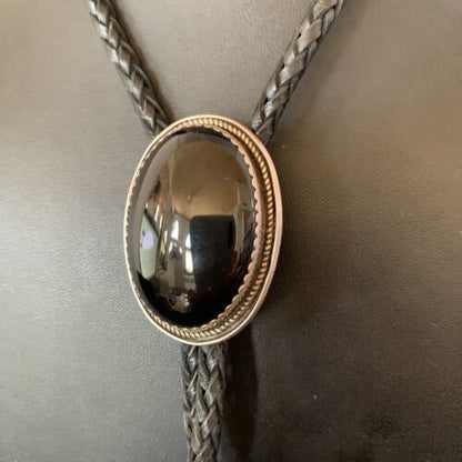 Men's Black Onyx Bolo Tie | Navajo Sterling Silver | Authentic Native American Handmade | 12609