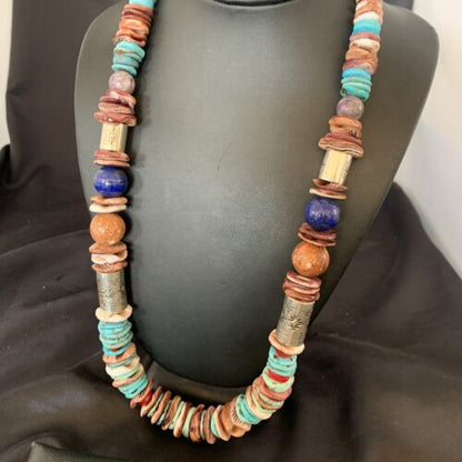 Native American Sterling Silver Necklace | Turquoise, Spiny Oyster, Coral, Lapis | 24" | 11869