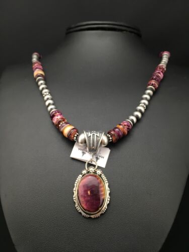 Navajo Purple Spiny Oyster Bead Necklace | Sterling Silver | Authentic Native American Handmade | 4583