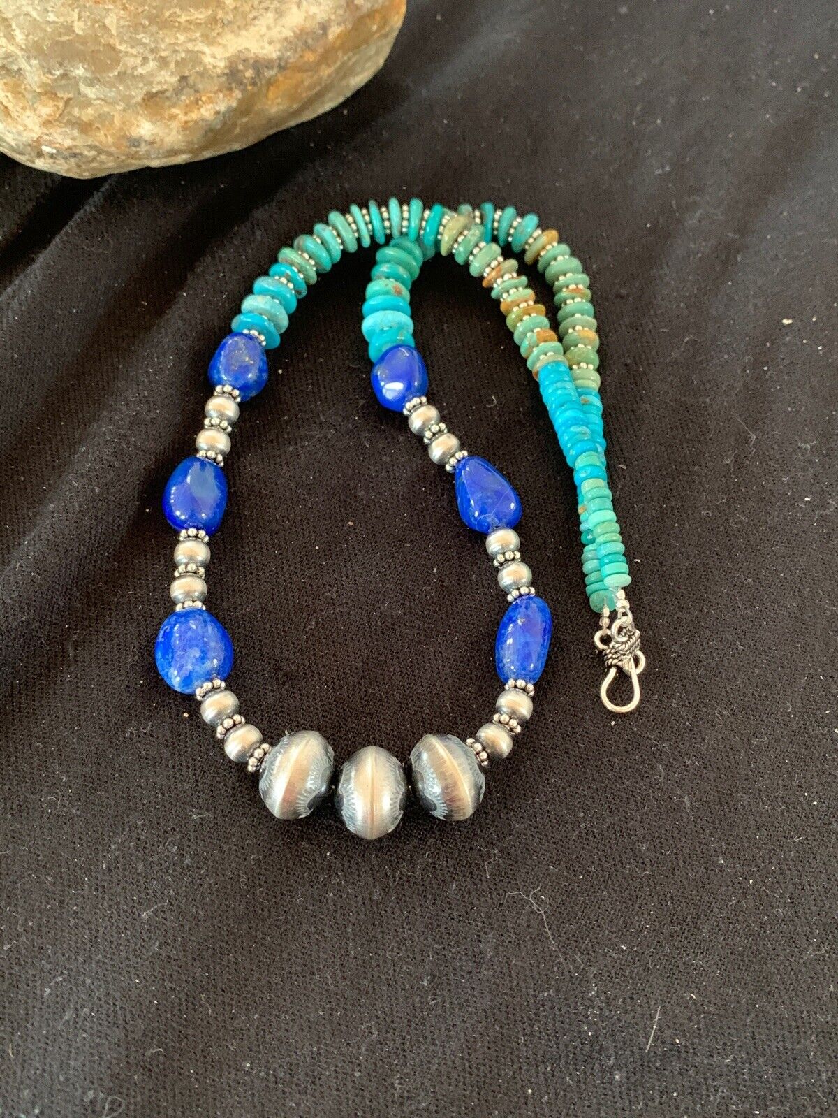 Navajo Lapis & Turquoise Beads Necklace | Sterling Silver | Authentic Native American Handmade | 20" | 4696