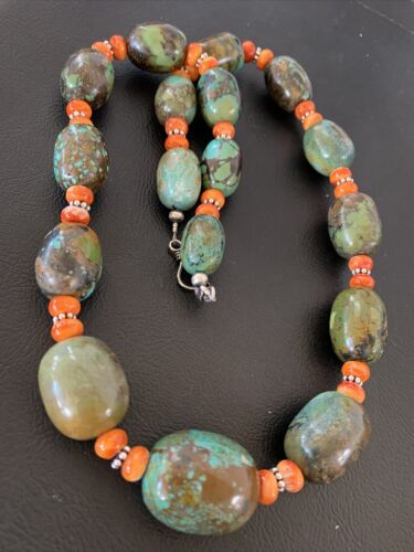 Navajo Green Turquoise & Orange Spiny Oyster Necklace | Sterling Silver | 23" | Authentic Native American Handmade | 1847