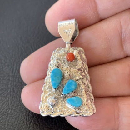 Zuni Yellow Mother of Pearl Turquoise Spiny Inlay Sun Face Pendant | Sterling Silver | 1686