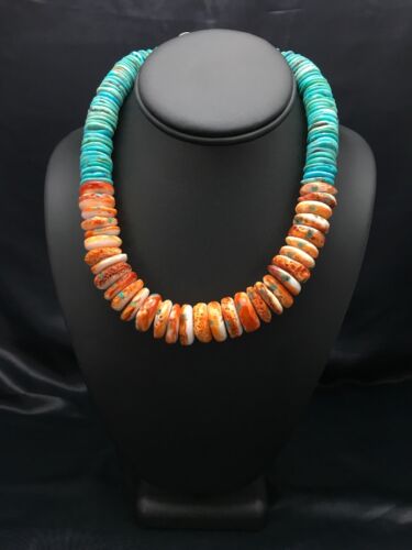 Spiny Oyster & Turquoise Graduated Necklace | Sterling Silver | Authentic Native American Navajo | 17" | 3004