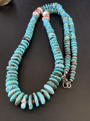 Navajo Natural Turquoise & Spiny Oyster Necklace | Sterling Silver | Authentic Native American | 32" | 13248