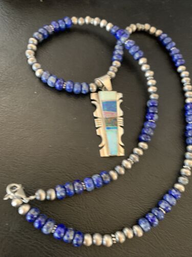 Navajo Pearls Necklace with Blue Lapis & White Opal Inlay Pendant | Sterling Silver | 11631