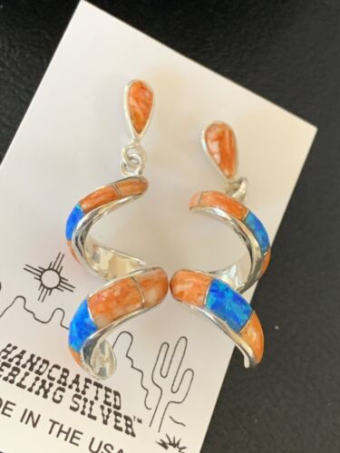 US Navajo Snake Swirl Orange Spiny Oyster Opal Inlay Sterling Earrings 12020