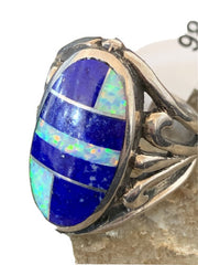 Southwestern Navajo Lapis & Opal Inlay Ring | Sterling Silver | Sz 7.5 | 1486