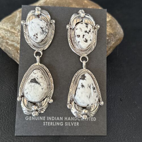 Navajo White Buffalo Turquoise Dangle Earrings | Sterling Silver | 2.5" | Authentic Native American Handmade | 14739