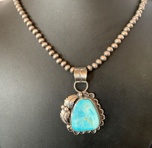 Blue Dry Creek Turquoise Pendant | Navajo Pearl Necklace | Men's Sterling Silver | 12976