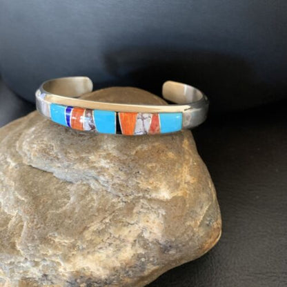 Navajo White Buffalo Turquoise Spiny Opal Inlay Bracelet | Sterling Silver | Authentic Native American Handmade | 12239 - Masha USA