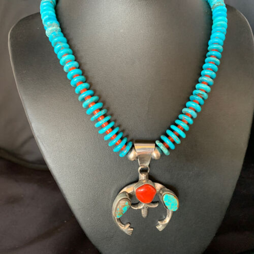 Navajo Sterling Silver Necklace with Blue Turquoise & Coral Naja Pendant | 13746