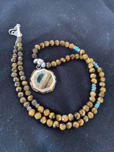 Navajo Tiger's Eye & Spiny Oyster Necklace | Sterling Silver Pearls | 20" | Inlay | Authentic Native American Handmade | 01459