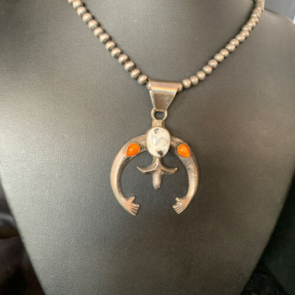 Navajo White Buffalo Turquoise & Spiny Oyster Naja Pendant | Sterling Silver | Authentic Native American Handmade | 13647