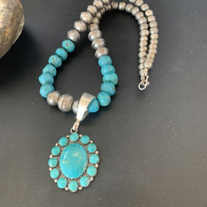 Navajo Blue Turquoise Cluster Pendant Necklace | Sterling Silver | Authentic Native American Handmade | 11884