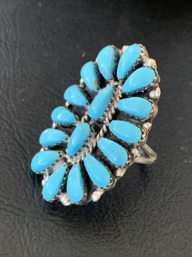 Navajo Blue Cluster Turquoise Needlepoint Ring | Authentic Native American Sterling Silver | Multi-Stone | Sz 6 | 11943