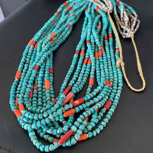 Southwestern Santo Domingo Coral Spiny Blue Turquoise Necklace | 38" | Authentic Native American Handmade | 12050