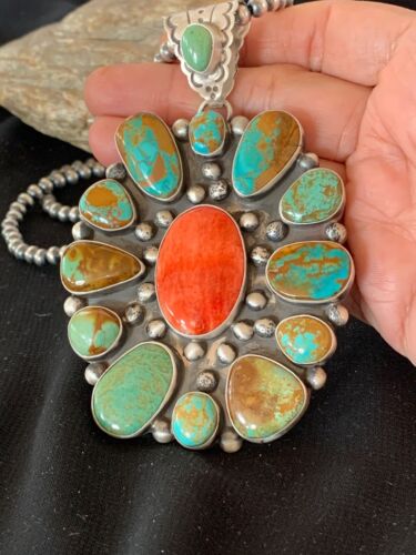 Navajo Royston Turquoise Spiny Oyster Multi-Stone Cluster Necklace | Authentic Native American Sterling Silver XL Pendant | 3237