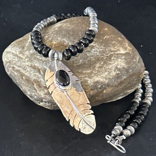 Native American Men's Navajo Pearls Necklace | Sterling Silver Black Onyx Pendant | 14627