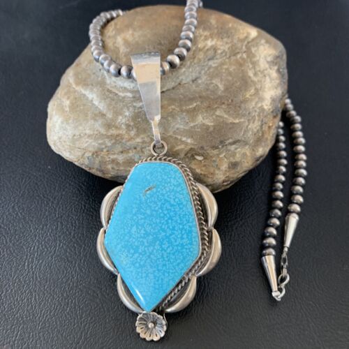 Mens Navajo Pearls Sterling Blue Kingman Turquoise Necklace Pendant 13256