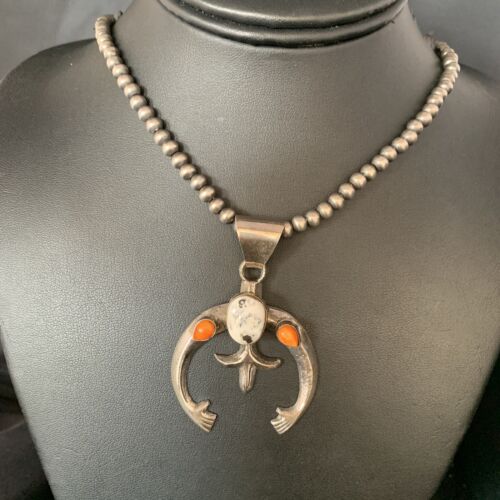 Navajo White Buffalo Turquoise & Spiny Oyster Naja Pendant | Sterling Silver | Authentic Native American Handmade | 13647