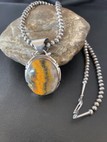 Navajo Pearls Sterling Silver Bumblebee Jasper Necklace Pendant | 18" | Handmade Southwestern Jewelry | 10550