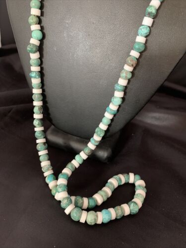 Authentic Native American Santo Domingo Necklace | Blue Turquoise & White Shell Beads | 34" | 13198