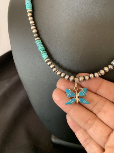 Navajo Pearl Sterling Silver Butterfly Turquoise Necklace Pendant | Authentic Native American Handmade | 12559