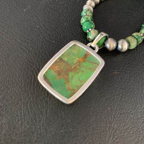 Navajo Pearls Green Mojave Turquoise Pendant Necklace | Sterling Silver | Native American Handmade | 13465