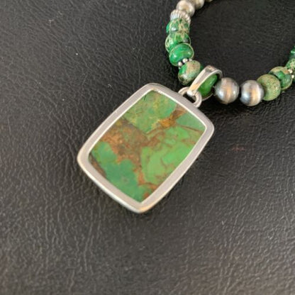 Navajo Pearls Green Mojave Turquoise Pendant Necklace | Sterling Silver | Native American Handmade | 13465