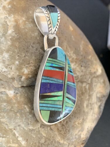 Navajo Multi-Color Turquoise Coral Opal Inlay Pendant | Sterling Silver | Native American Handmade | 12492 - Masha USA