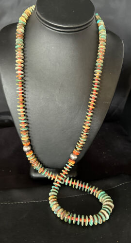 Turquoise Spiny Oyster Navajo Sterling Silver Necklace | Authentic Native American | 34" | 14364 Graduated