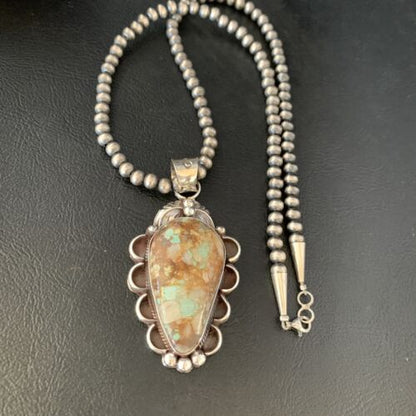 Men's Navajo Green Boulder Turquoise Pendant Necklace | Sterling Silver | Authentic Native American Handmade | 13661