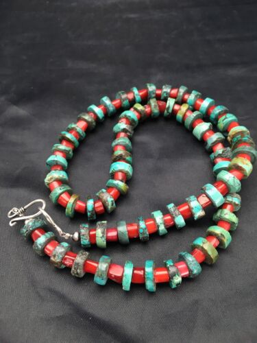 Turquoise Heishi 10mm Bamboo Coral Necklace | Navajo Sterling Silver | Native American Handmade | 20" |