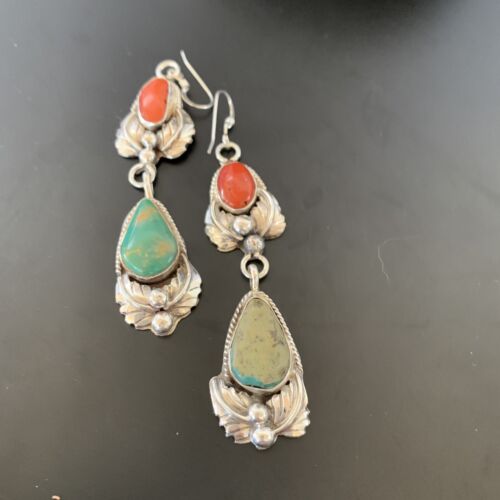 Navajo Green Royston Turquoise Red Coral Dangle Earrings | Sterling Silver | Authentic Native American Handmade | 2058