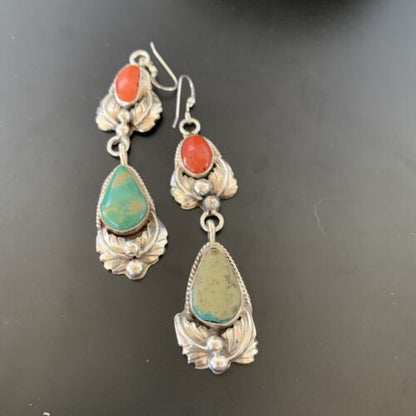 Navajo Green Royston Turquoise Red Coral Dangle Earrings | Sterling Silver | Authentic Native American Handmade | 2058