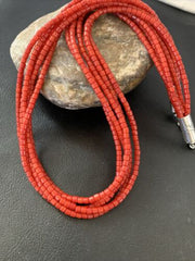 Southwestern Navajo 5-Strand Red Coral Bead Necklace | Sterling Silver | Authentic Native American Handmade | 01954