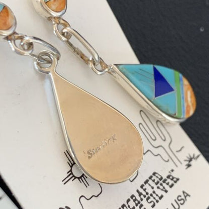 Navajo Multi-Color Turquoise Spiny Opal Inlay Earrings | Sterling Silver | 1.5" | 12010