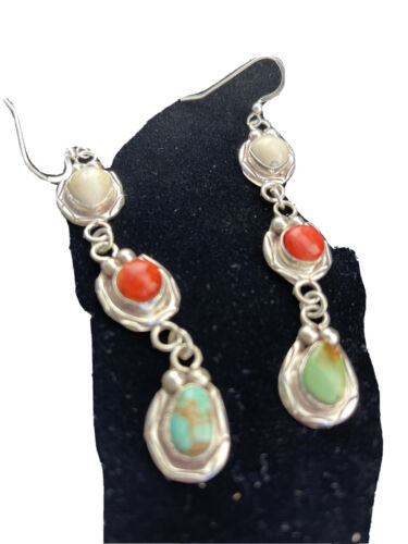Navajo Spiny, Turquoise & Howlite Dangle Earrings | Sterling Silver | Authentic Native American Handmade | 1634