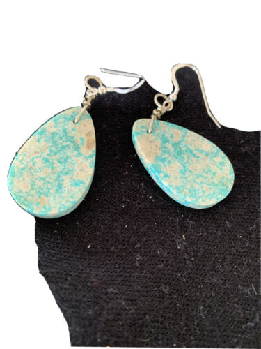 Navajo Slab Turquoise Dangle Earrings | Sterling Silver | Authentic Native American Handmade | 1356