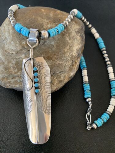 XL Mens Navajo Sterling Silver Feather Turquoise Handmade 3.5”Pendant 02133